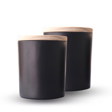 empty round matte black glass candle jar holder with wood lid in bulk for candles